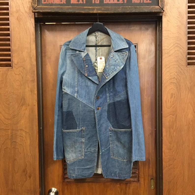 Vintage 1970s Peak Lapel Denim Patchwork Blazer Jacket, Vintage Coat, Recycled Denim, Vintage Clothing image 2