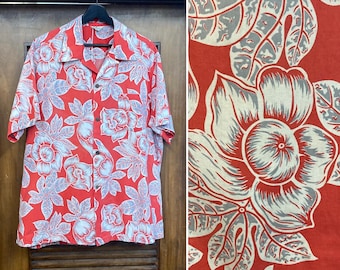 Vintage jaren 50 "Shaheen's" Kiilani katoenen Tiki Hawaiian shirt met bloemenprint en luskraag, maat XL, shirt uit de jaren 50