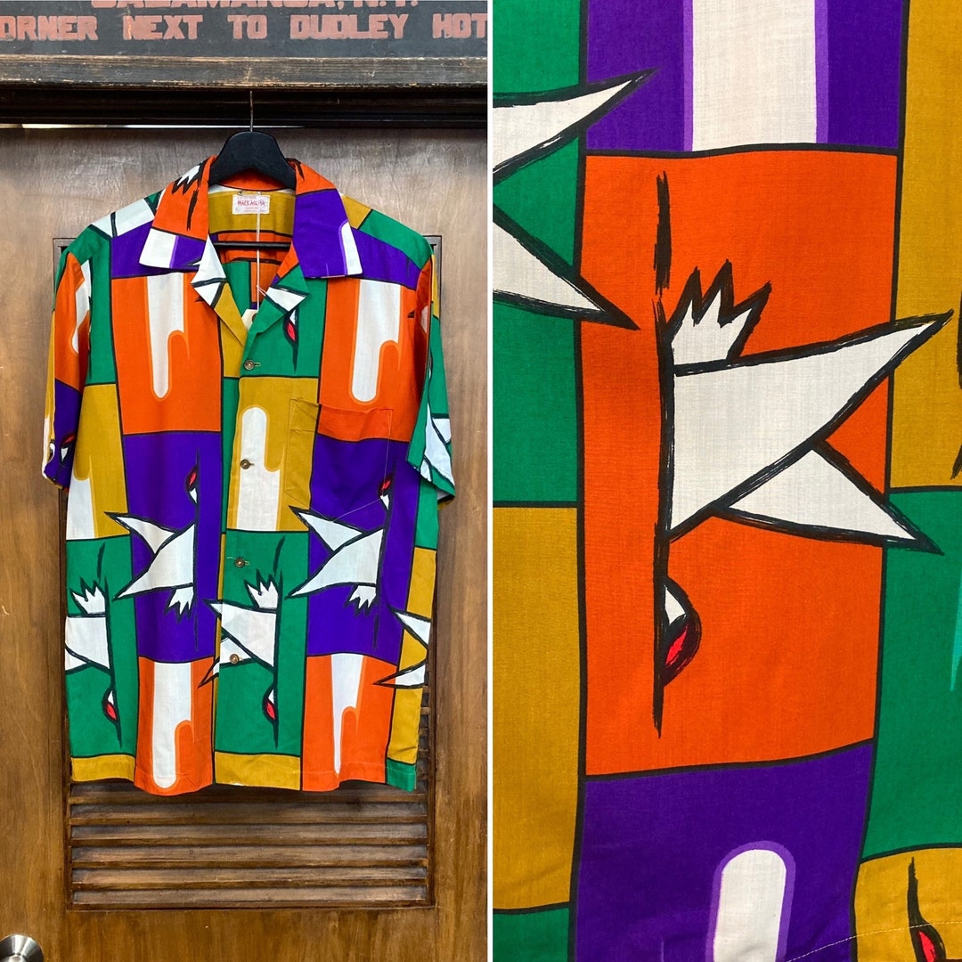 Vintage 1960’s Atomic Mod Cotton Tiki Hawaiian Shirt, Rare Print, Coin ...