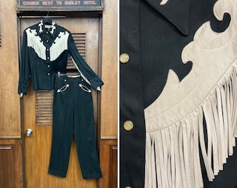 Vintage 1950-tals Ranch-Maid Western Cowboy Cowgirl Rayon Gabardin Rockabilly tvådelad outfit Kostym, Skjorta, Byxor, Western, Cowboy, Cowgirl