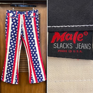 Vintage 1960’s w35 Stars x Stripes Flag Rockstar Hippie Flare Denim Jeans, 60’s Hip Huggers, 60’s Pants, Vintage Clothing
