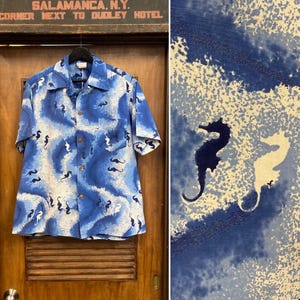 Vintage 1950’s Size L “Shaheen’s” Atomic Seahorse Cotton Loop Collar Tiki Hawaiian Shirt, 50’s Vintage Clothing