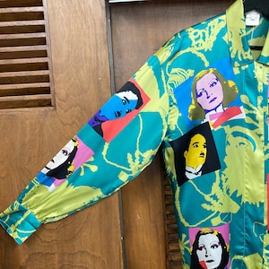Vintage 1980s Escada Label Chaplin Garbo Pop Art Silk Shirt, 80s New Wave, Vintage Pop Art, Vintage Silk Shirt, Vintage Clothing image 5