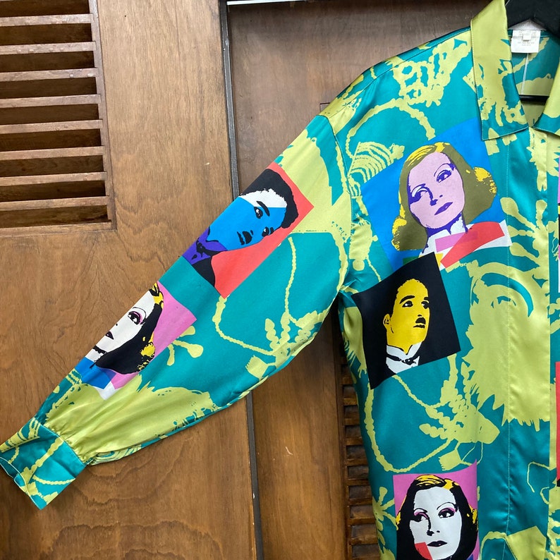 Vintage 1980s Escada Label Chaplin Garbo Pop Art Silk Shirt, 80s New Wave, Vintage Pop Art, Vintage Silk Shirt, Vintage Clothing image 5