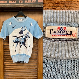 Vintage 1940’s “Campus” Polo Horseback Sport Game Picture Knit Pullover Shirt, Two-Sided Design, 40’s Vintage Clothing