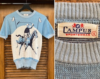 Vintage 1940’s “Campus” Polo Horseback Sport Game Picture Knit Pullover Shirt, Two-Sided Design, 40’s Vintage Clothing