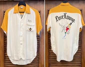 Vintage 50er Jahre “Dove Lounge” Burlesque Pin Up Rayon Rockabilly Bowling Shirt, Original Stickerei, 50er Jahre Vintage Kleidung
