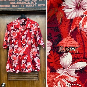Vintage 1950’s Size XL “Kamehameha” Tiki Hut Village Cotton Hawaiian Shirt, Loop Collar, 1950’s Shirt