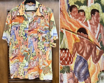 Vintage 1950’s Size L “Kamehameha” Nylon Eugene Savage Menu Print Hawaiian Shirt, 50’s Loop Collar Shirt, Vintage Clothing