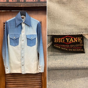 Vintage 1970s Big Yank Brushed Cotton Ombré Denim Hippie Rocker Shirt, 70s Snap Button Over Shirt, Vintage Clothing image 1