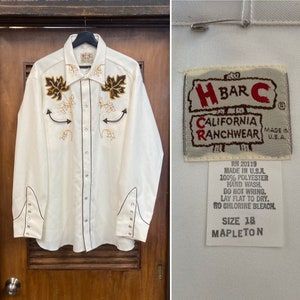 Vintage 1970’s -Deadstock- Size XXL “H Bar C” Western Cowboy Pearl Snap Embroidery Polyester Rockabilly Shirt, 70’s Vintage Clothing