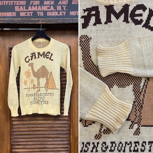 camel cigarettes vintage clothing Vintage 1960's “camel Cigarettes” Intarsia Design Mod Knit Pop Art Sweater,  60's Vintage Clothing