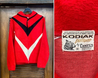 Vintage 1960’s “Campus Kodiak” Red Chevron Mod Fake Fur Pullover Rockabilly Sweater, 60’s Vintage Clothing