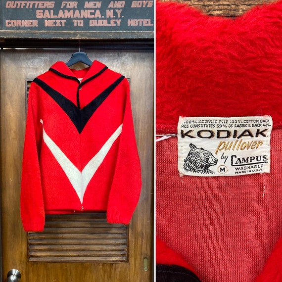 Vintage 1960s campus Kodiak Red Chevron Mod Fake Fur Pullover 