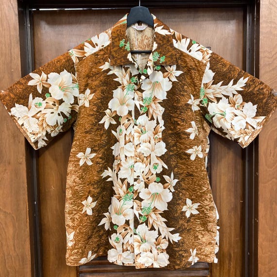 1950年代のヴィンテージ、サイズL「カメハメハ」ティキボーダー花柄 