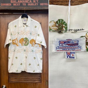 Vintage 1950’s Size L “Duke Kahanamoku” Cotton Seashell Border Hawaiian Shirt, 50’s Vintage Clothing