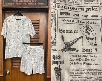 Vintage 1960’s Cartoon Stock Market Pop Art Newspaper Design Two Piece PJ Pajama Lounge Outfit, Two Piece, 2 Piece Set, 1960s, Newspaper,