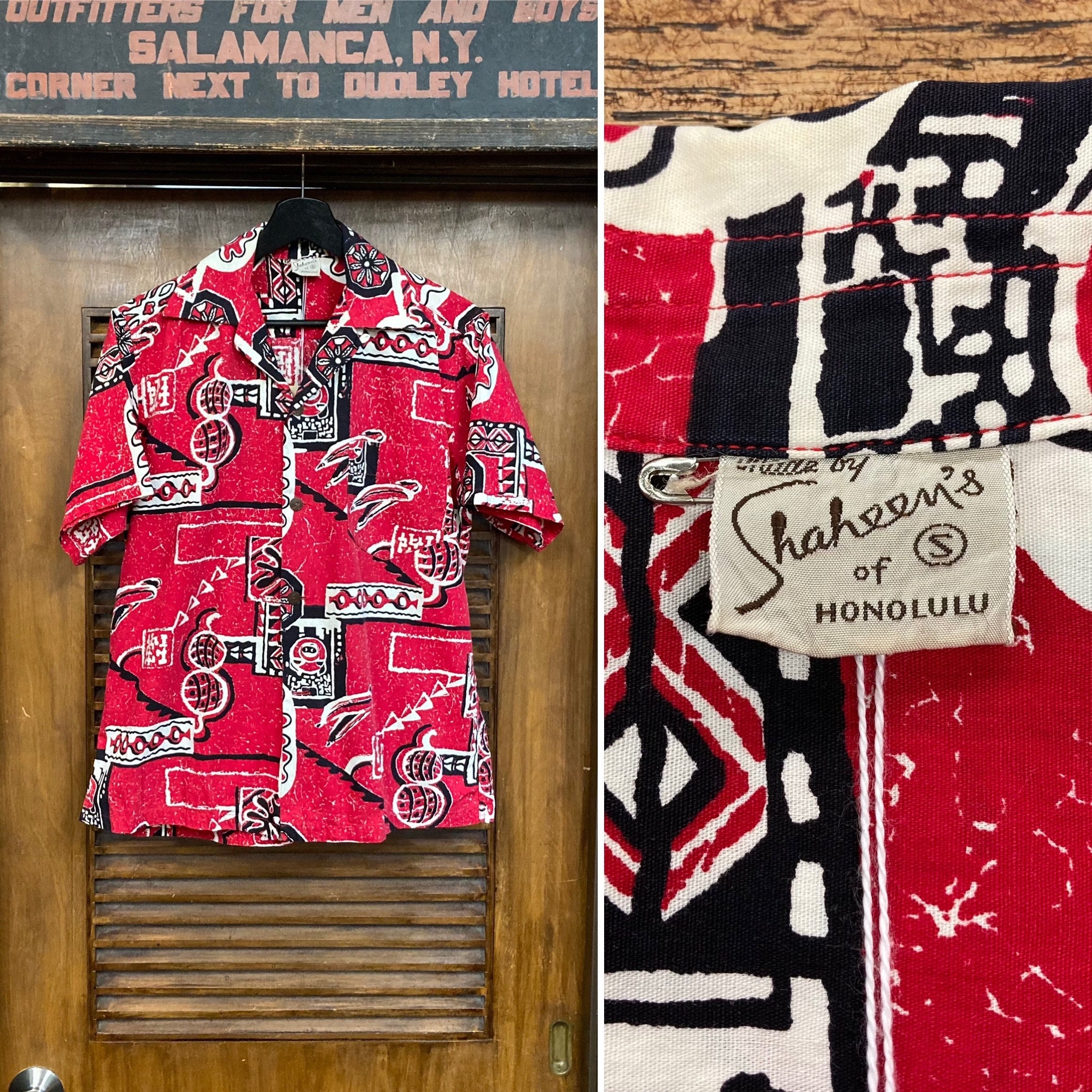 Vintage 1950's “shaheen's” Cotton Tiki Loop Collar Hawaiian Vintage 1950's “shaheen's” Cotton Tiki Loop Collar Hawaiian