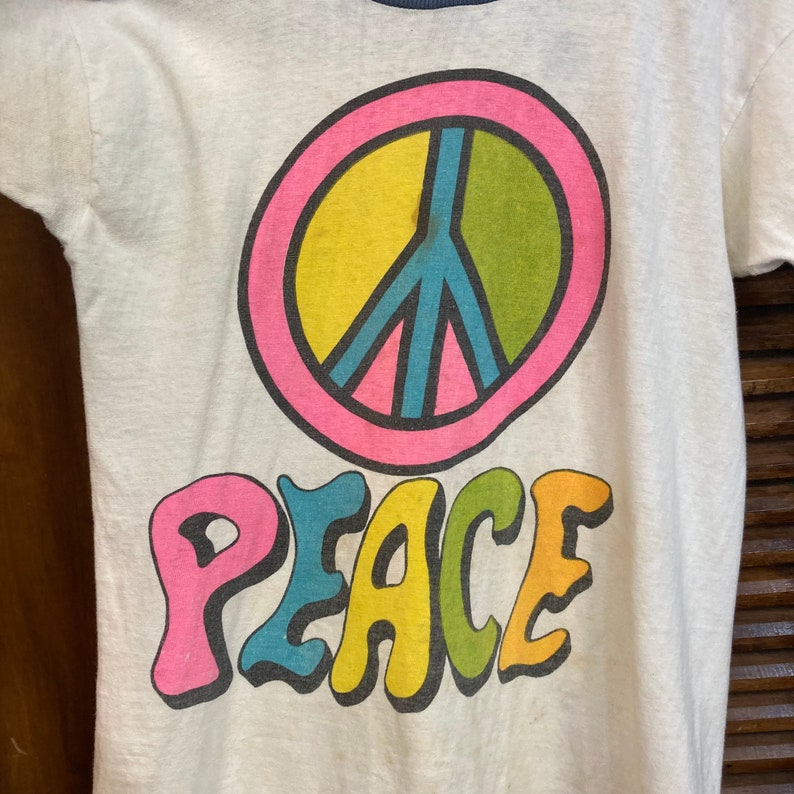 Vintage 1970s Woodstock Peace Hippie Neon Colors Ringer Original Cotton T-Shirt, 70s Tee Shirt, Vintage Clothing image 7