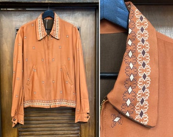 Vintage 1950’s Size XL Atomic Pattern Gabardine Rockabilly Jacket, Rust Orange, Reversible to Brown, 50’s Vintage Clothing