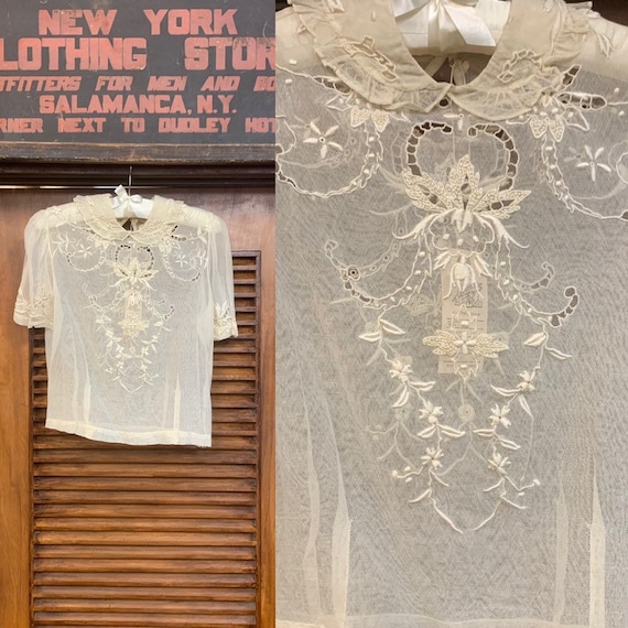 Vintage 1910's Net Lace & Embroidered White Top, … - image 1