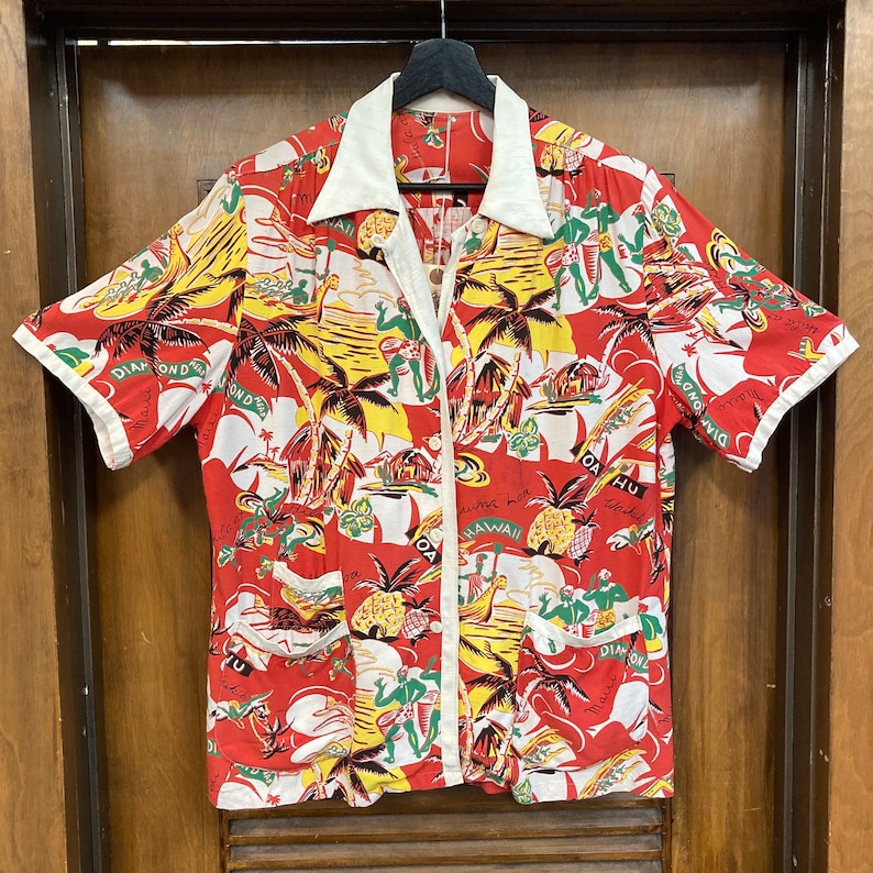 Vintage 1940s Tropical Native Cartoon Tiki Rayon Cabana Hawaiian Shirt, 40s Loop Collar, Vintage Clothing image 2