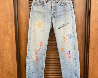 Hand Embroidery 80s Levi’s 501 REDLINE Vintage 1980's W29 Levi's 501 Denim Redline Jeans With