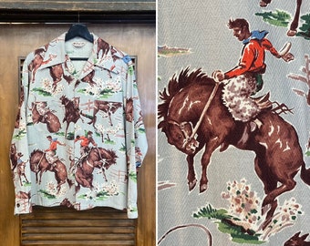 Vintage 1940er Jahre “Del Mar” Western Cowboy Atomic Barkcloth Rockabilly Shirt, 40er Jahre Vintage Kleidung