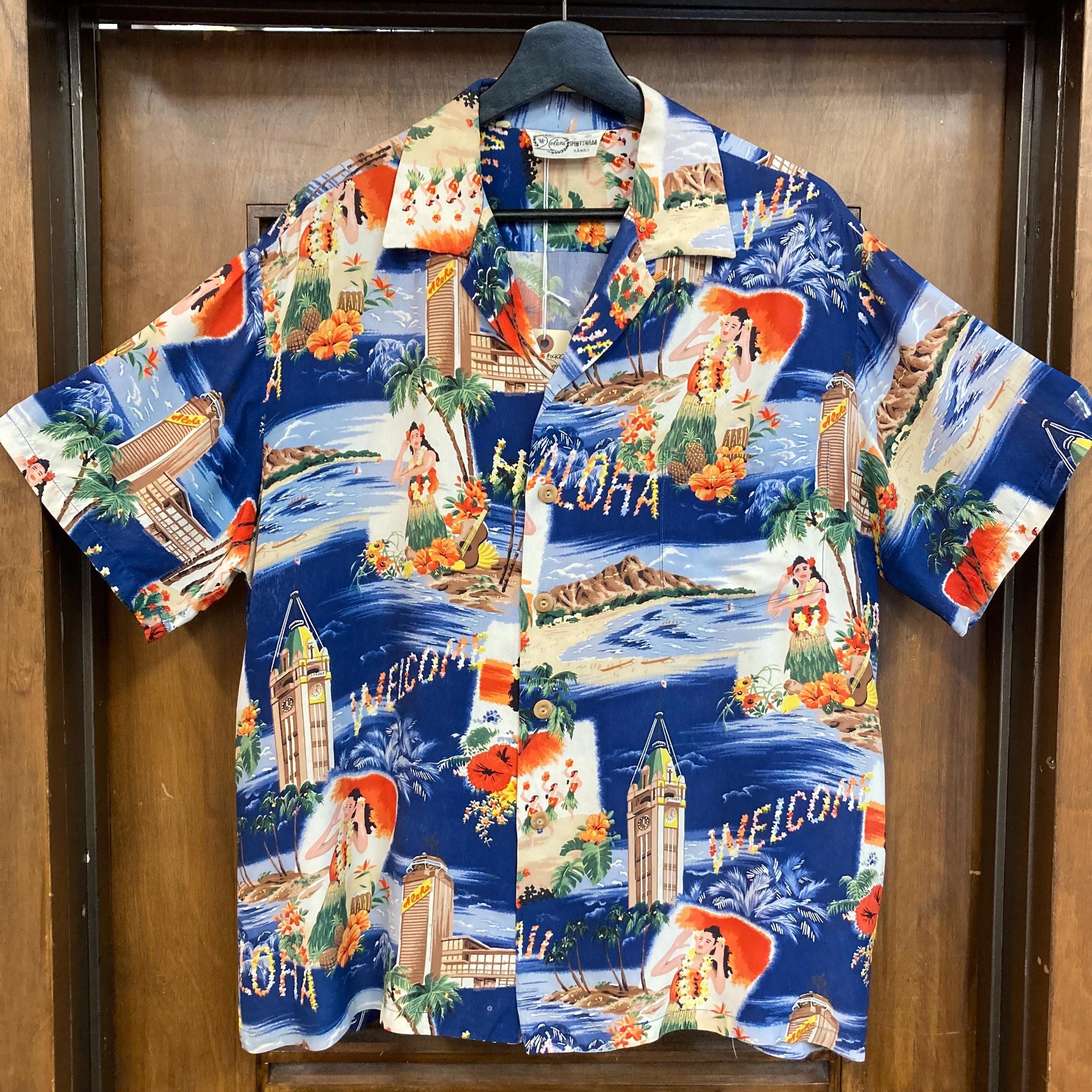 Vintage 1950's Size L “iolani” Hula Girl X Aloha Tower Crepe