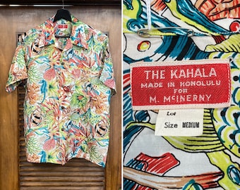 Vintage 50er Jahre „Kahala“ Unterwasserfisch Seide Hawaiihemd -Deadstock- Original, nie getragen, 50er Jahre Vintage Kleidung