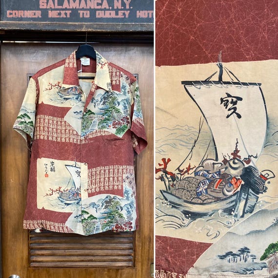 Vintage 1950’s “Shaheen’s” Asian Japan Silk Loop Collar Short Sleeve Hawaiian Shirt, Knot Buttons, Size L, Matching Pocket