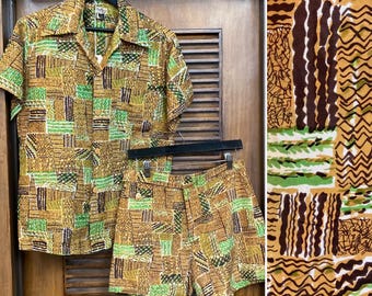 Vintage jaren 1950 Atomic Tiki Silk 2-delige outfitset Hawaiiaanse cabana, shirt x zwembroek, shirt jaren 1950