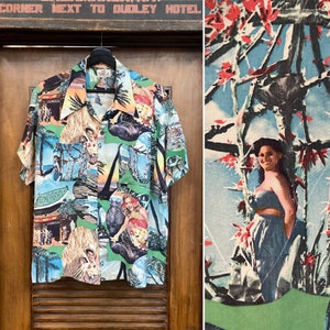 Vintage 1940’s “Campus” Photoprint Hula Girl Tropical Rayon Hawaiian Shirt, 40’s Loop Collar Shirt, Vintage Clothing