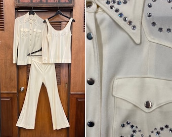 Vintage 1970-tals Glam Mod Disco Strass Glitter Western Cowboy Cowgirl 3-delat set, Skjorta och Byxor, Vintage 3-delat, 1970-talsset, Strass