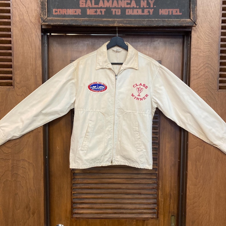 Chaqueta cortavientos de algodón vintage de los años 50, ganadora de la categoría de carreras de resistencia NHRA Hot Rod, original, chaqueta Dragway, chaqueta de los años 60, ropa vintage imagen 2
