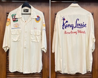 Vintage 1950 "King Louie" Rayon Gab Bowling Rockabilly camisa, bordado original, ropa vintage de los años 50