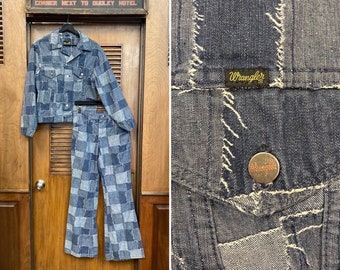 Vintage 1970’s Wrangler Brand Patchwork Denim Two Piece Outfit Set, Pant Suit, 1970s, Patchwork, Vintage Denim, Wrangler, Two Piece