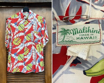 Vintage 1940er Jahre “Malihini” Atomic Bananenbaum Tiki Hawaiihemd, 40er Jahre Vintage Kleidung