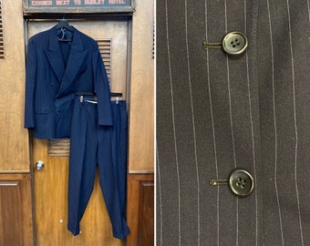 Vintage 1940’s Gangster Swing Blue Pinstripe 2 Piece DB Double Breasted Suit, Sportcoat, Blazer, Pants, Double Breasted, Pinstripe, Gangster