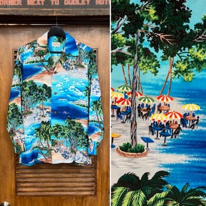Vintage 1950er Jahre Amazing Tropical Island Scene Langarm Tiki Crepe Hawaii-Hemd, passende Tasche, 50er Jahre Vintage Kleidung