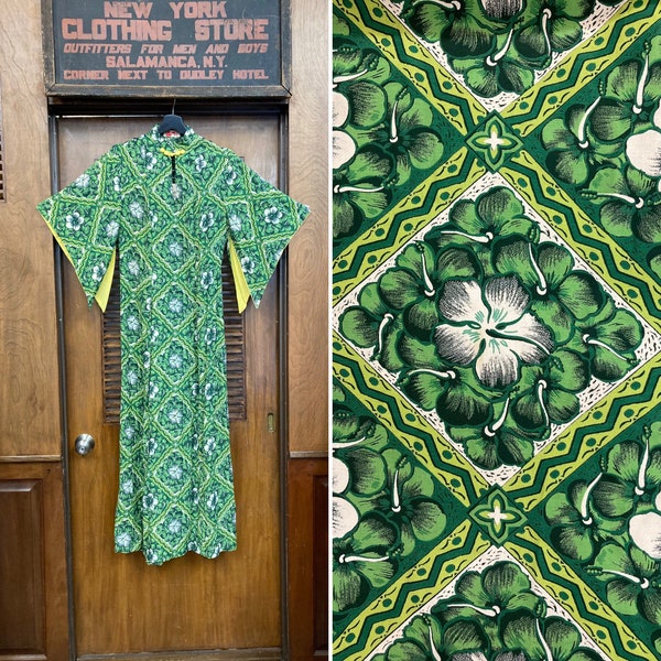 Vintage 1940’s Hawaiian Togs Rayon Tropical Pake Muu Floral Hawaiian Dress, Pake Muu, 1940’s Hawaiian Dress, Tiki Dress, Batwing Sleeve