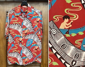 Vintage 1940’s Cartoon Natives Tiki Rayon Print Hawaiian Shirt, 40’s Loop Collar, Vintage Clothing