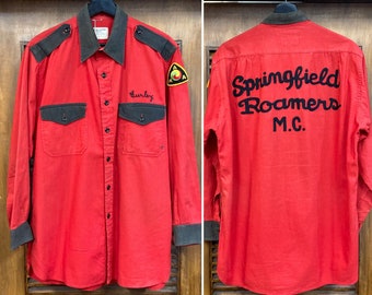 Vintage 50er Jahre Größe L "Springfield Roamers" Motorrad Club MC Workwear Shirt, 50er Stickerei, Vintage Kleidung