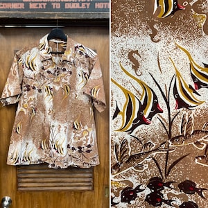 Vintage 1950’s Size XL “Shaheen’s” Atomic Fish Cotton Loop Collar Hawaiian Shirt, Signed Selvedge, 50’s Vintage Clothing