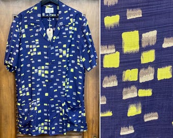 Vintage 1950’s Size XL Atomic Textured Rayon Cabana Rockabilly Shirt, Tall, Mall Marshall, 1950’s Shirt