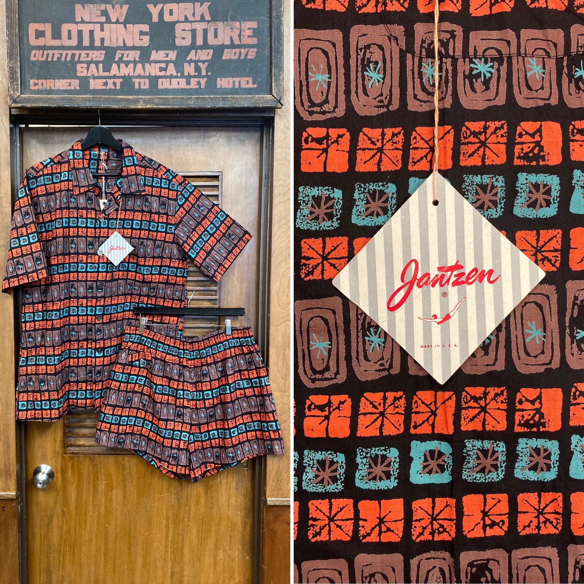 Vintage 1950's Deadstock Jantzen Atomic Cotton Two Piece Outfit Set, Shirt, Swim Trunks, 1950's Shirt, Vintage Two Piece, Atomic Style, Tiki