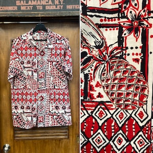 Vintage 1950’s Size L Atomic Bongo x Pineapple Cotton Tiki Hawaiian Shirt, Loop Collar, 1950’s Shirt