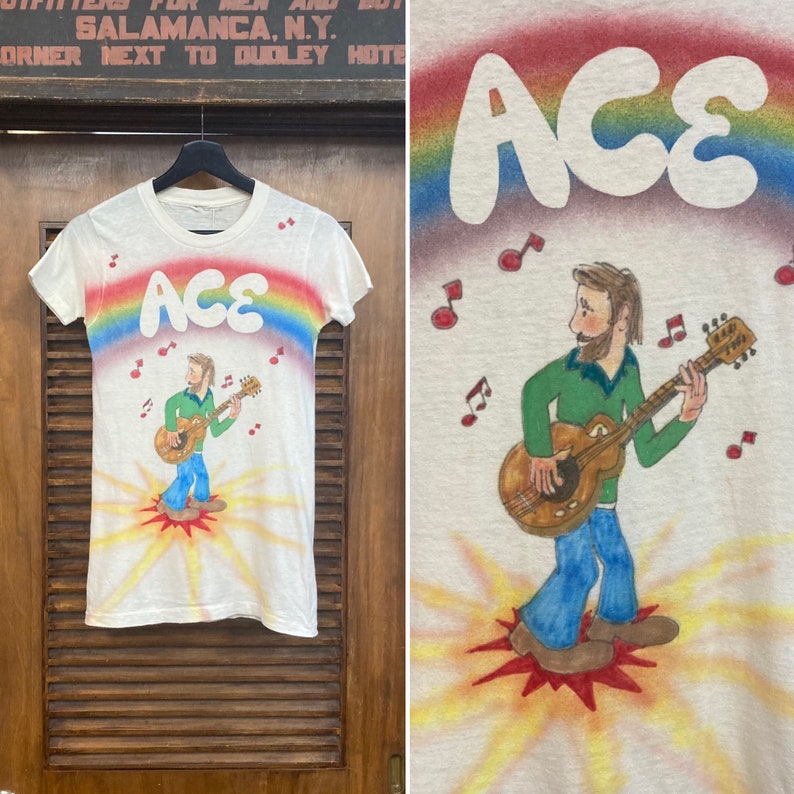 Vintage 1970s Original Artwork Ace Guitar Player Musician T-Shirt, Rainbow, Hippie, Mod, 70s Vintage Clothing image 1