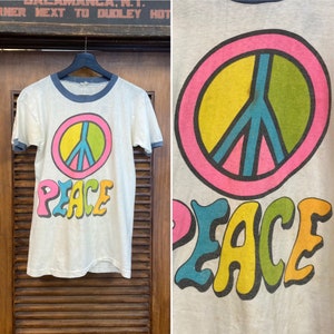 Vintage 1970s Woodstock Peace Hippie Neon Colors Ringer Original Cotton T-Shirt, 70s Tee Shirt, Vintage Clothing image 1