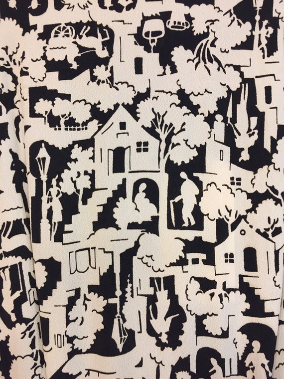 Vintage 1940’s Black & White Novelty Print Rayon … - image 3